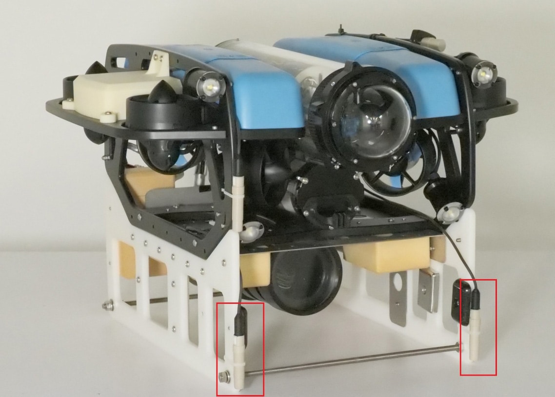 Photo: CF100 UEP Measurement Instrument (inside red boxes) Mounted on an Underwater Drone