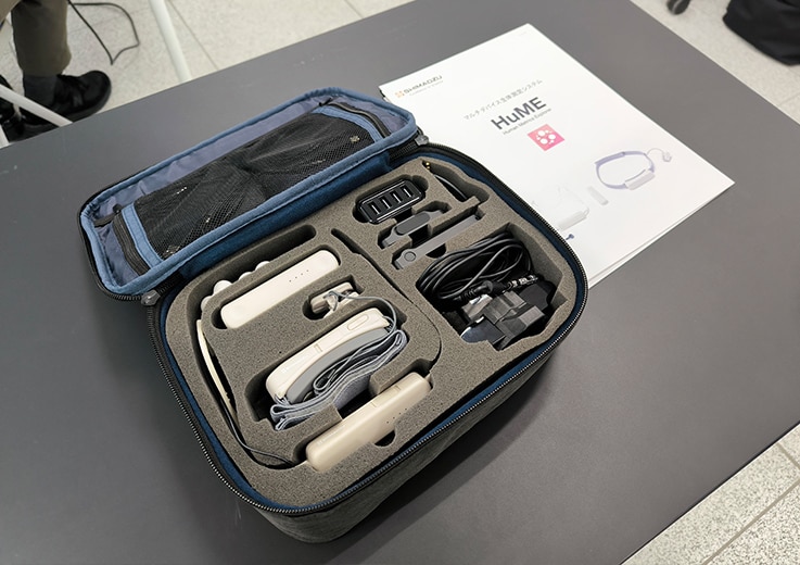 HuME product package. The HuME system includes a facial electromyography device, an electrocardiography device, an electroencephalography device, a video camera, and specially designed accompanying software, all of which can fit in a single bag