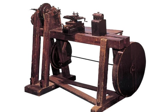 A pedal-powered wooden lathe used to make scientific instruments