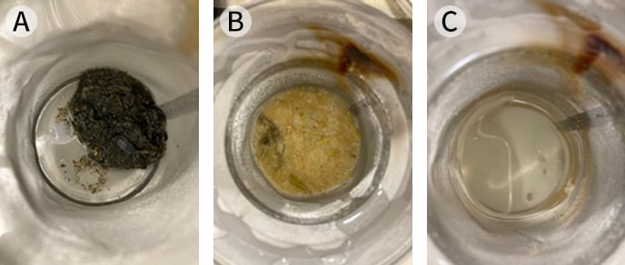 Fig. 1 Condition of Sample Before/After Preparation and during Digestion a: Before Treatment, b: During Digestion (1 Day After Start of Treatment), c: After Treatment