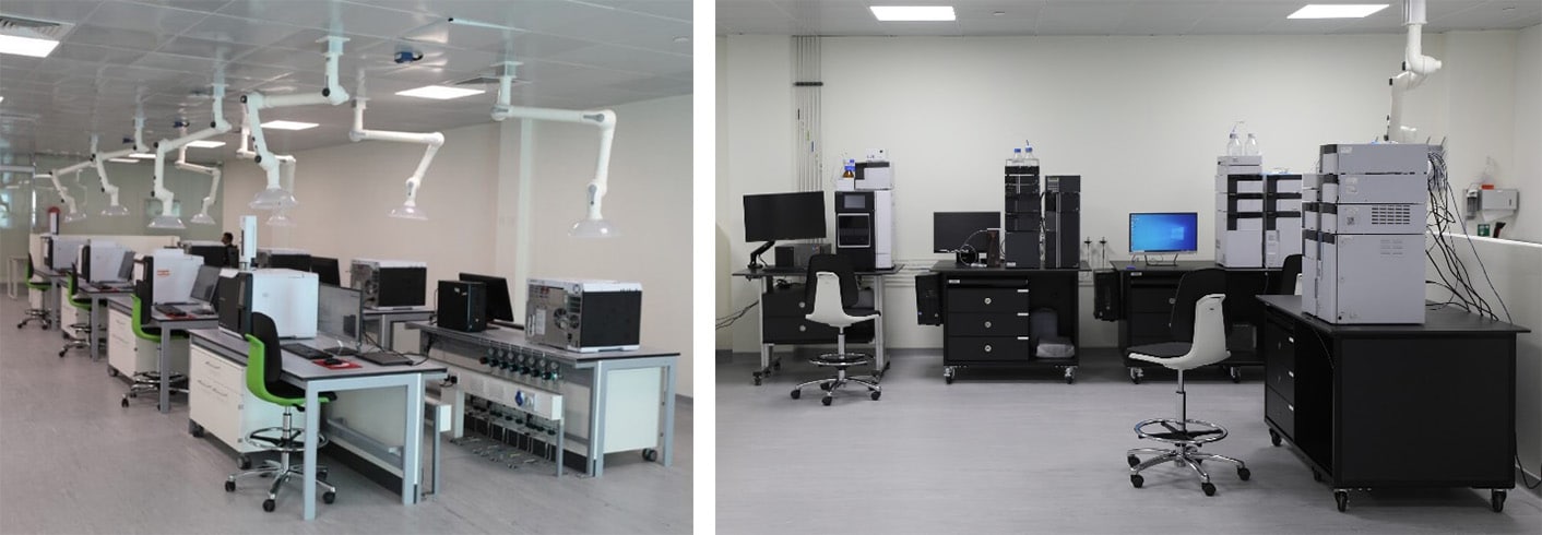 Foto: Laboratorio con instrumentos analíticos de nuestra empresa, como cromatógrafo, espectrómetro de masas y analizador óptico.