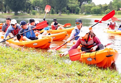 Participants collected plastic waste riding in small boats