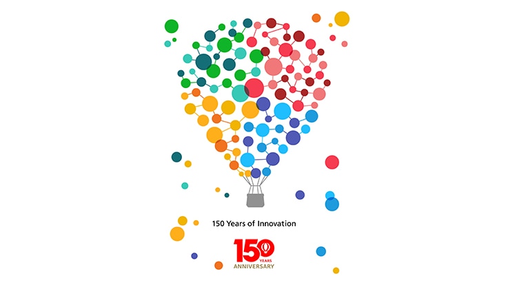 150th anniversary logo and key visual. Proposals for the logo were solicited from employees. Both are inspired by balloons.