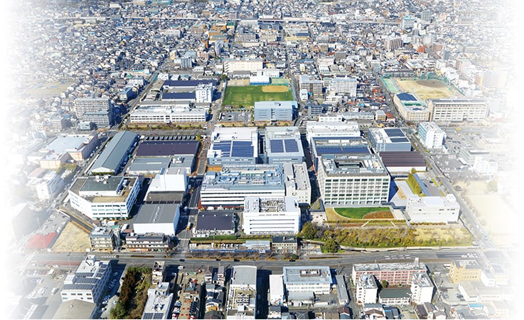 Shimadzu Head Office and Sanjo Works (1, Nishinokyo Kuwabara-cho, Nakagyo-ku, Kyoto) aerial view, south side