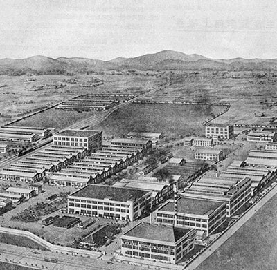 An overview of Sanjo Works around 1950, showing that they had been replaced by more durable buildings