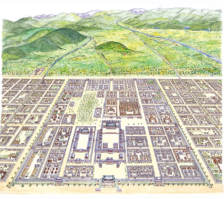 Bird’s eye reconstruction of the Heian Palace from the south (Figure 01 Heian Palace, © Toshio Kajikawa)