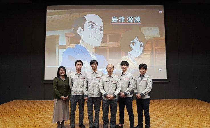150th Anniversary Animation planning staff: From the left, Nakata of Human Resources Development Dept.; Matsunaga of Manufacturing Center; Ito of DX/IT Strategy Management Dept.; Akechi of Research & Development Management Dept.; Uchita of DX/IT Strategy Management Dept.; Shigematsu of Shimadzu General Services, Inc.